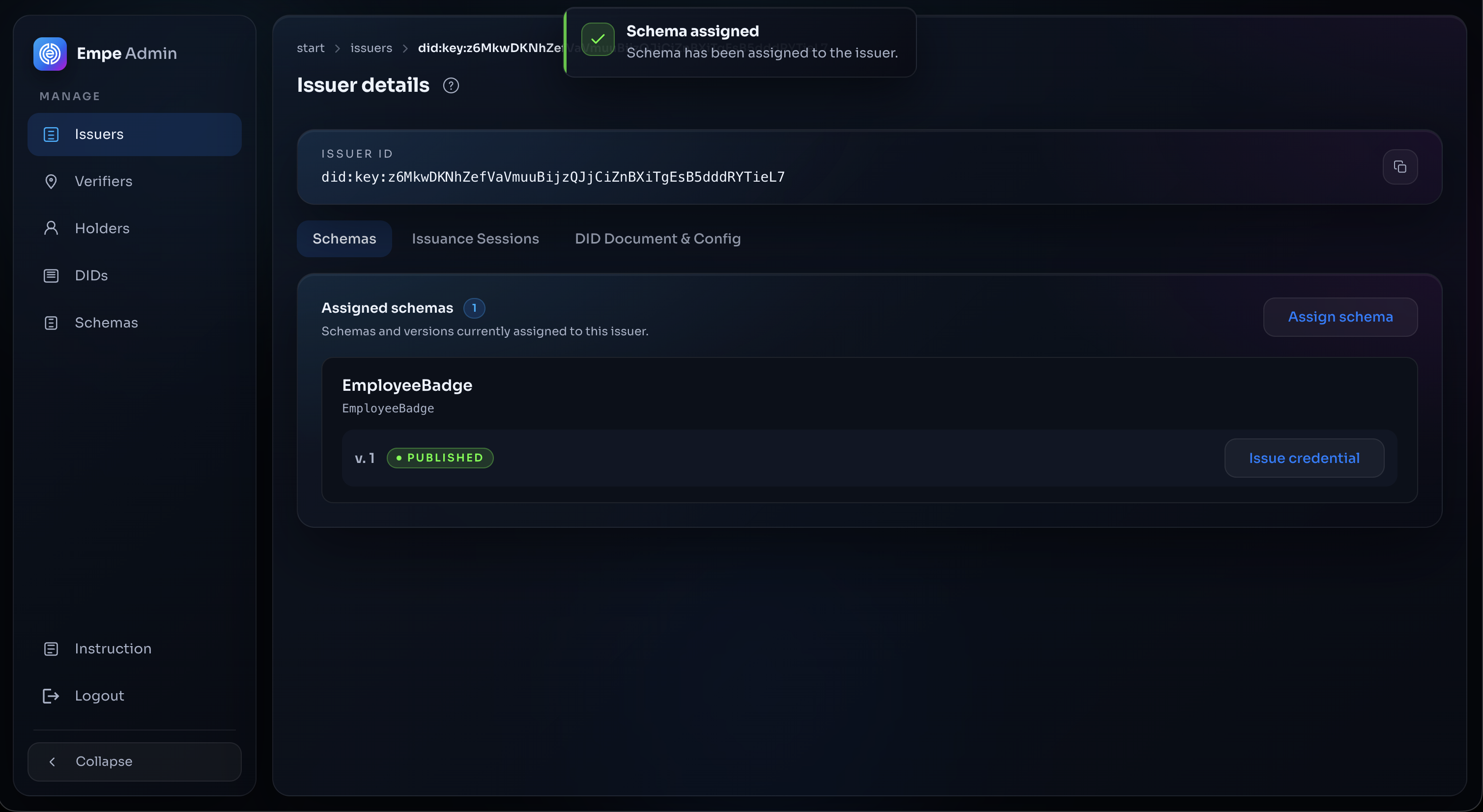 Issuer detail Schemas tab with Issue credential button