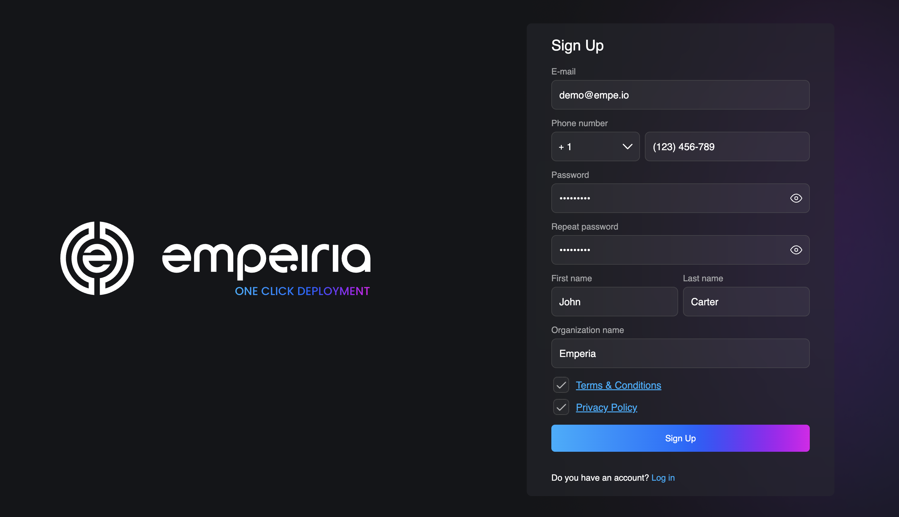 Sign Up form on oneclick.empe.io