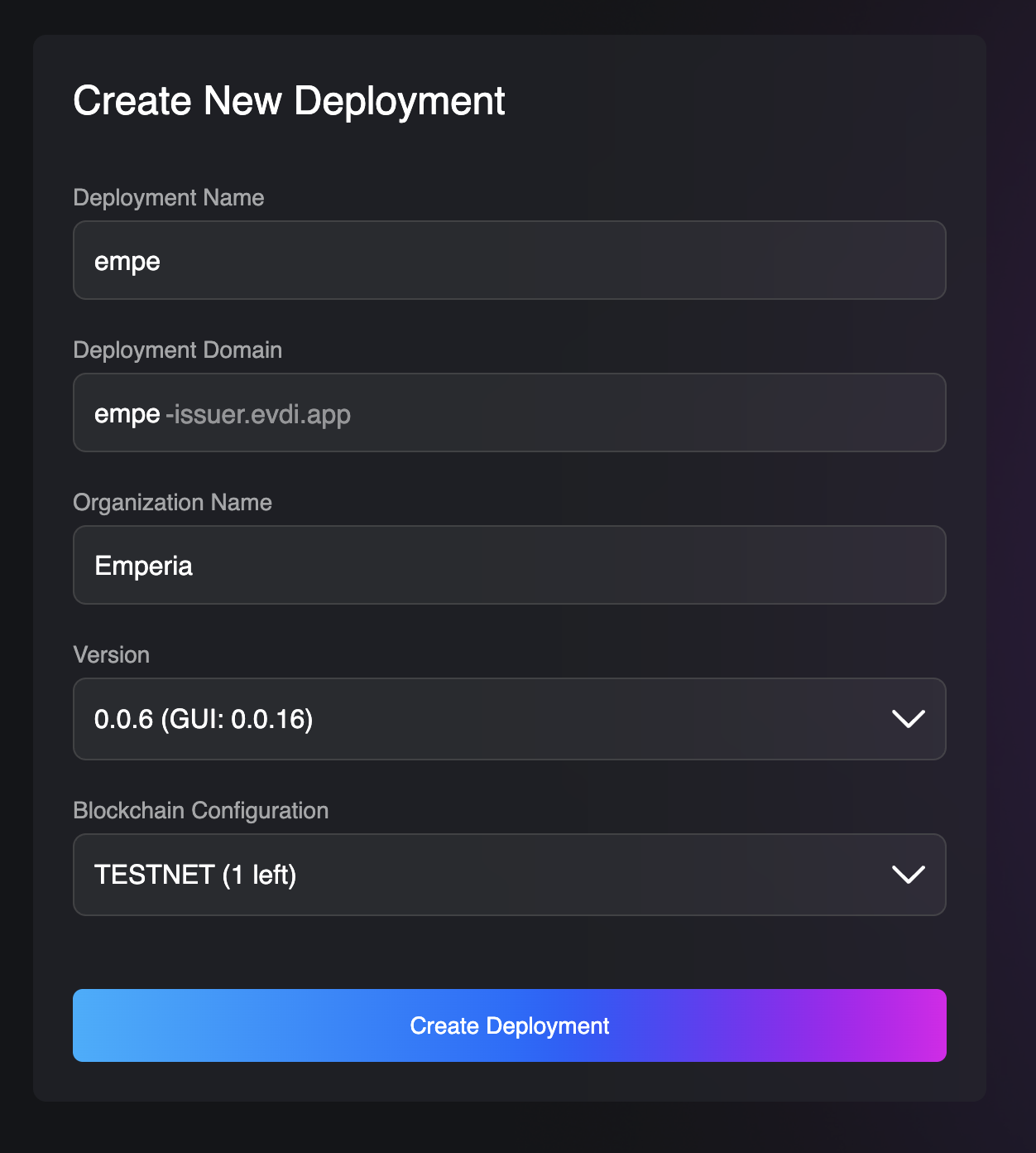 Create New Deployment form