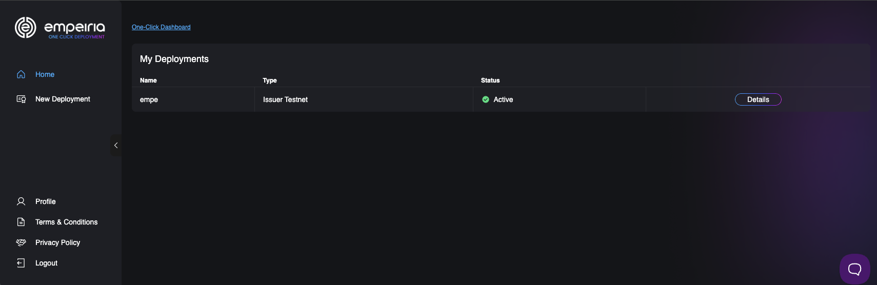 My Deployments table with an Active deployment