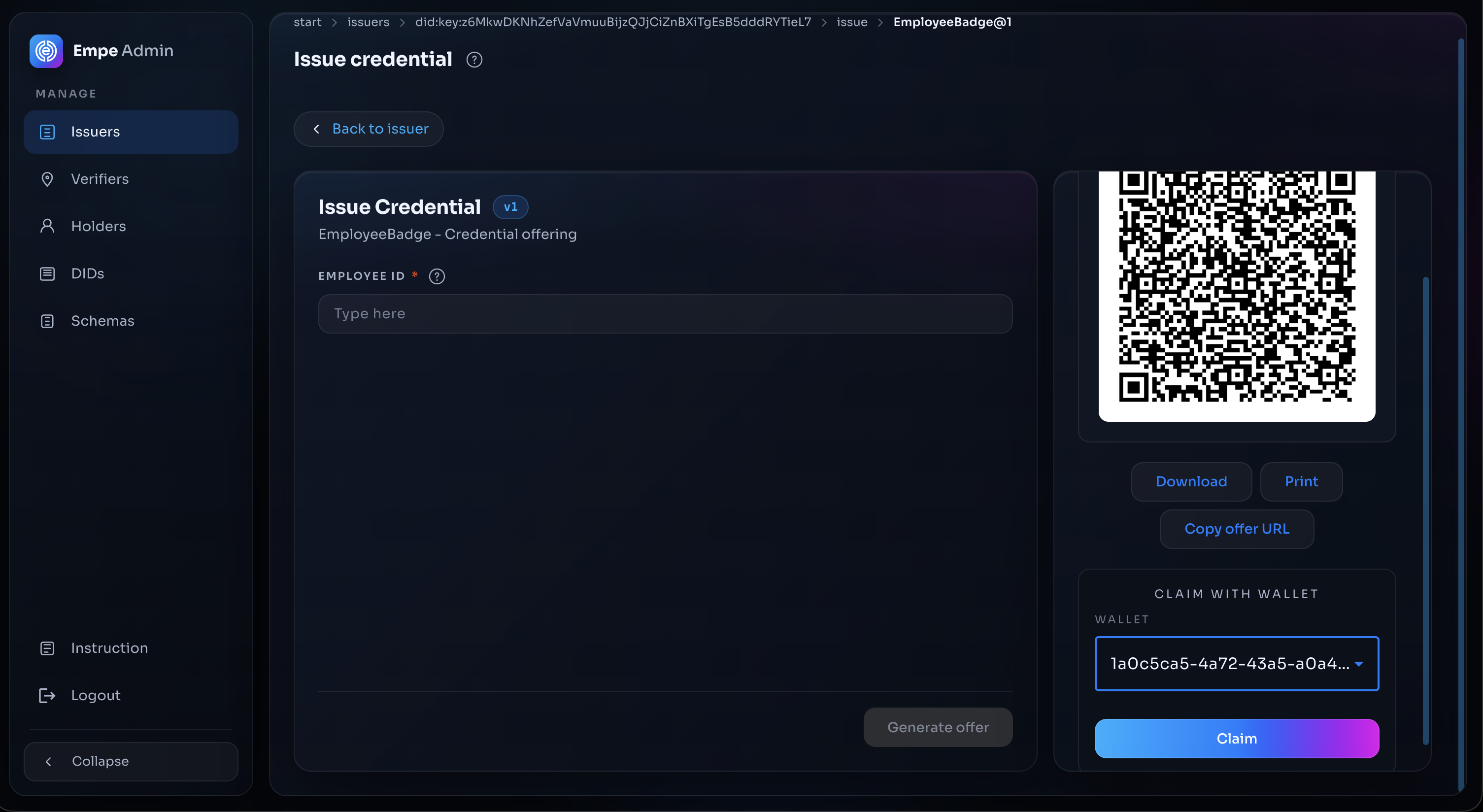 Credential-offer QR code in the operator console