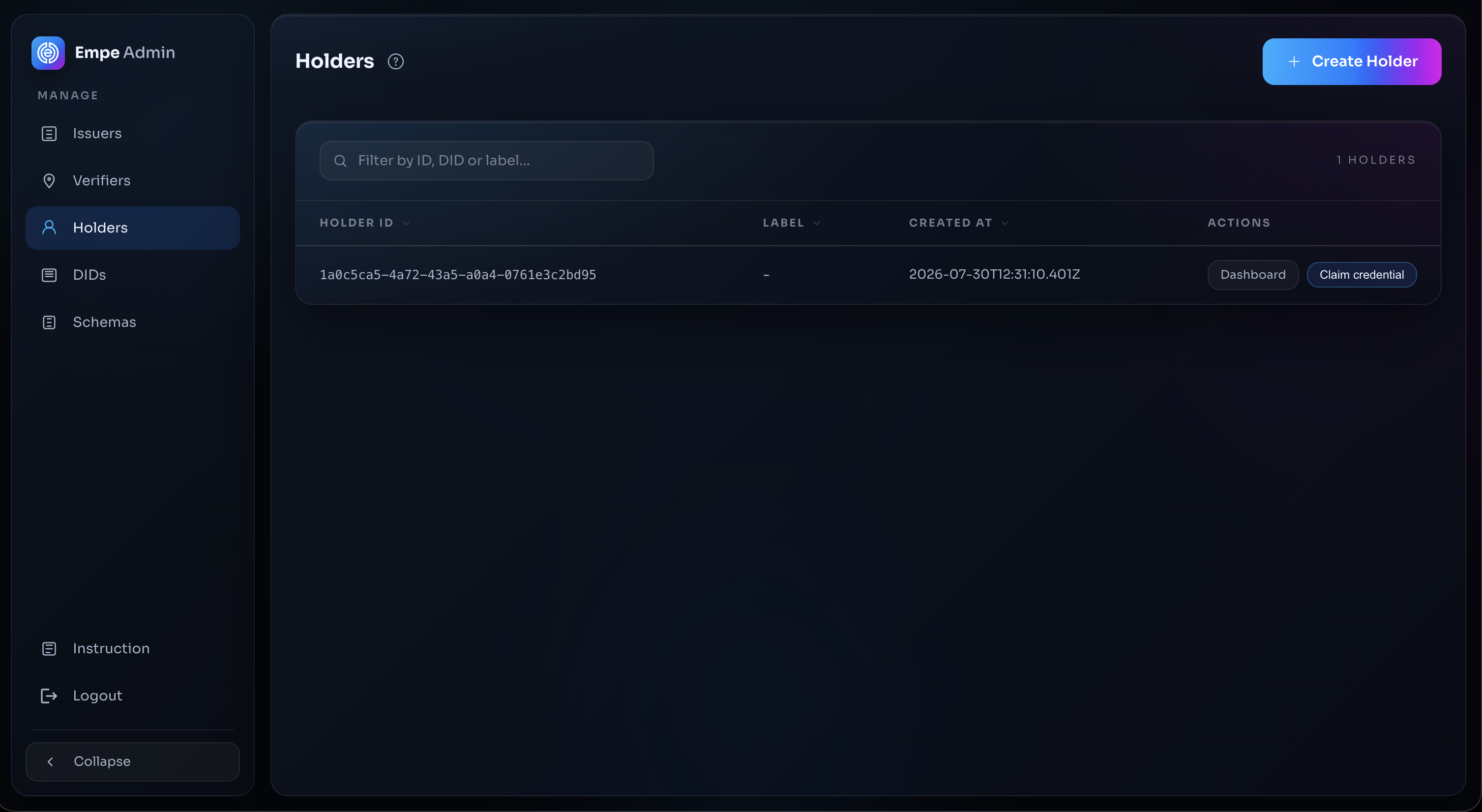 Holders list with Dashboard and Claim credential actions