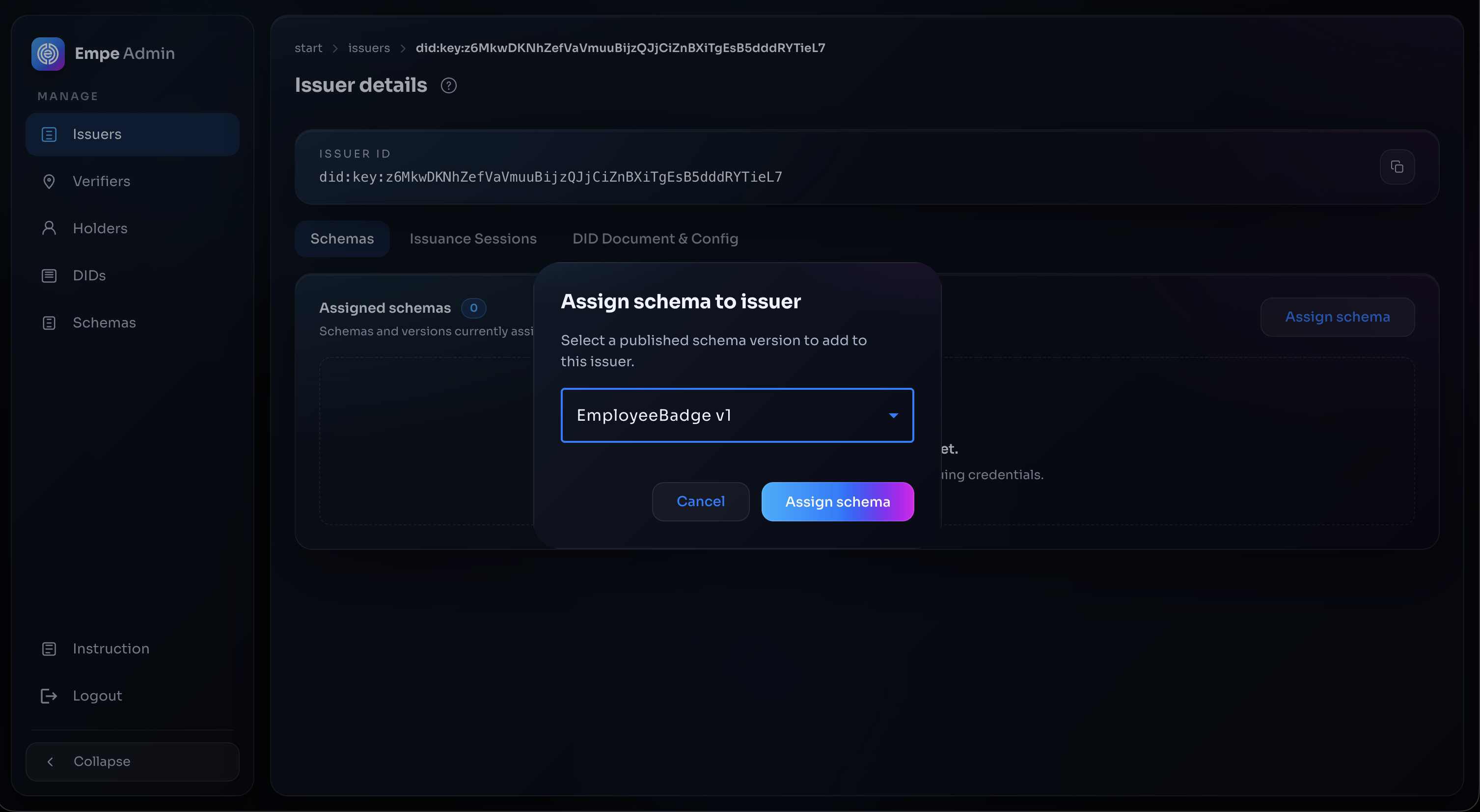 Assign schema to issuer dialog