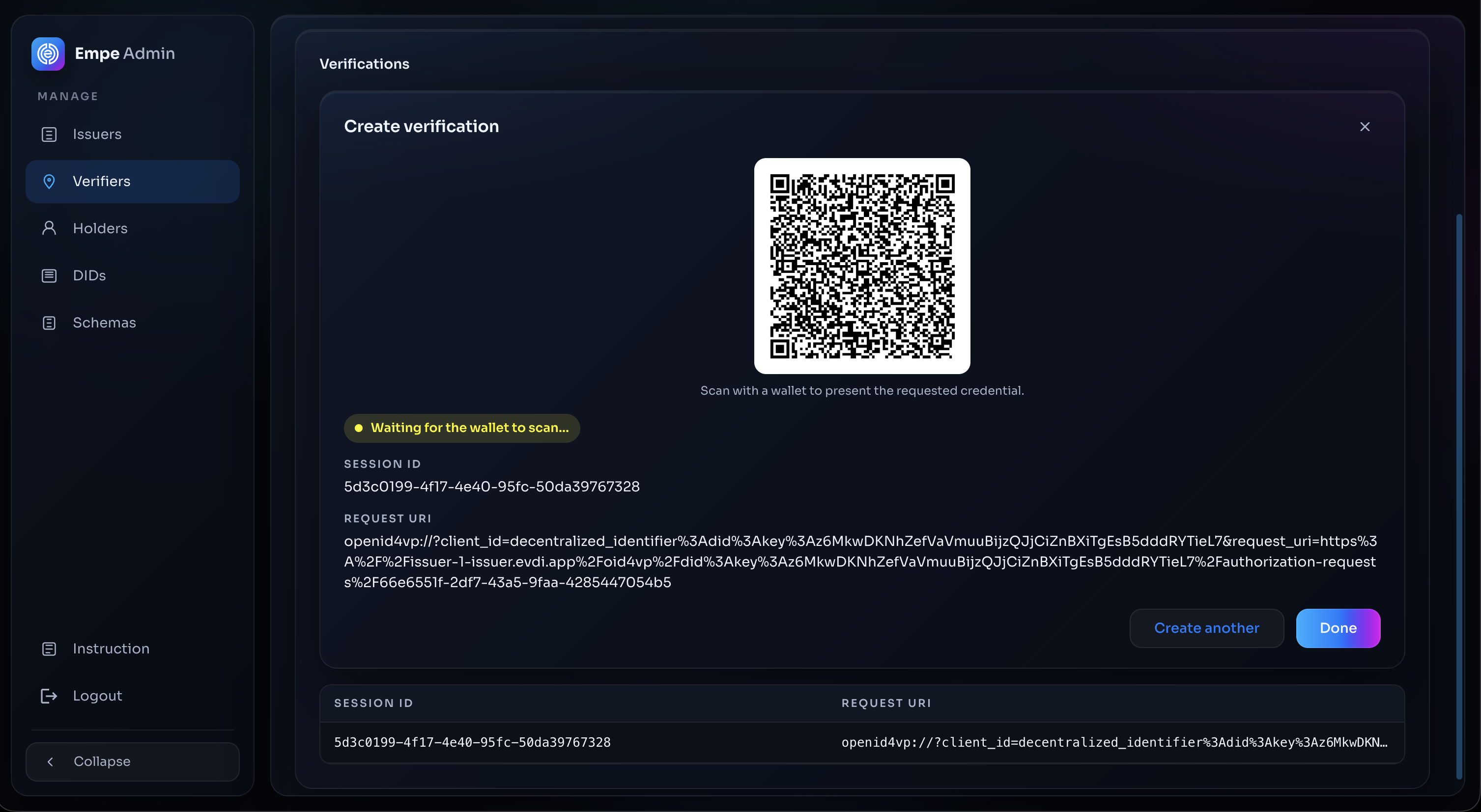 Verification request QR code waiting for a wallet