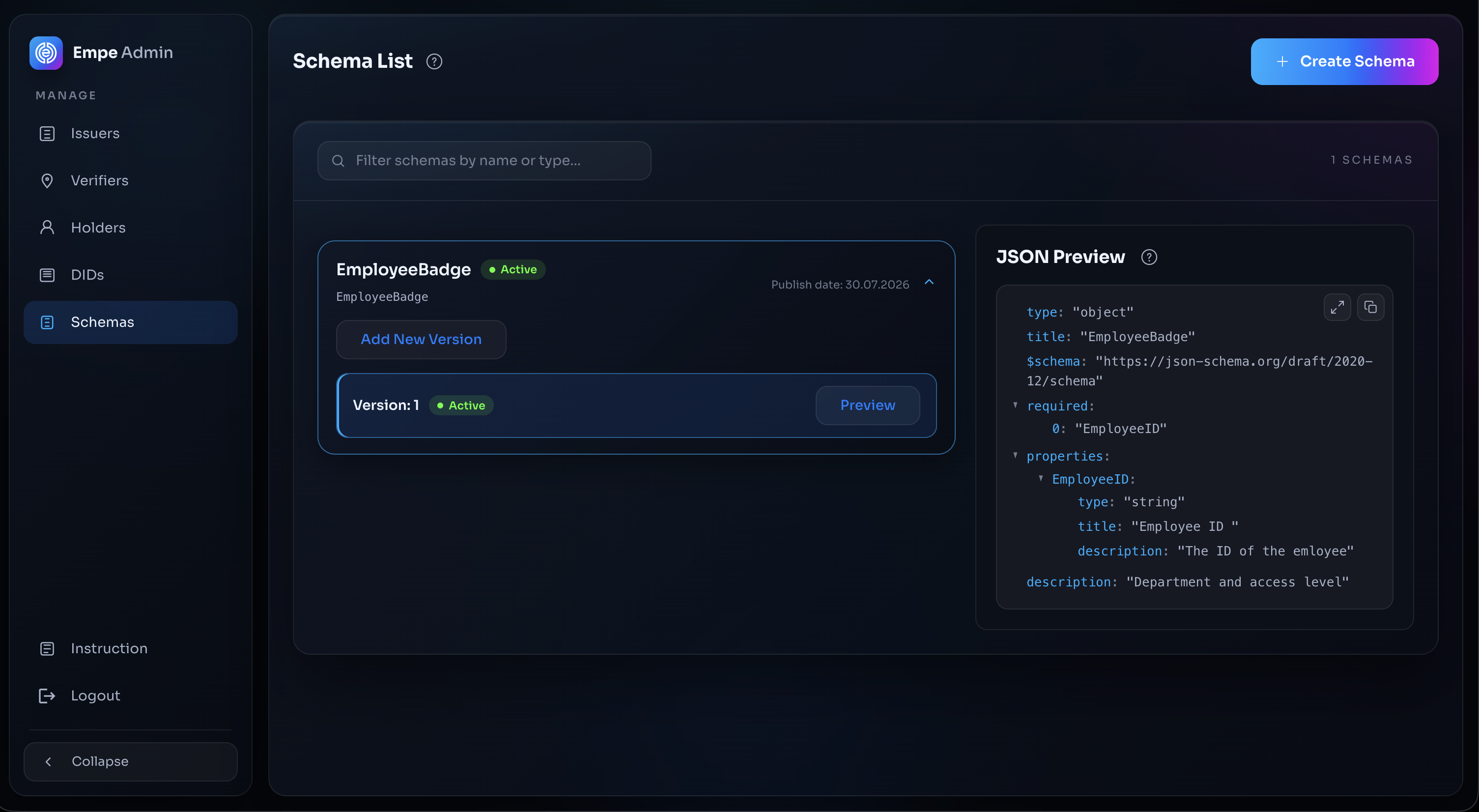 Schemas screen with the schema list