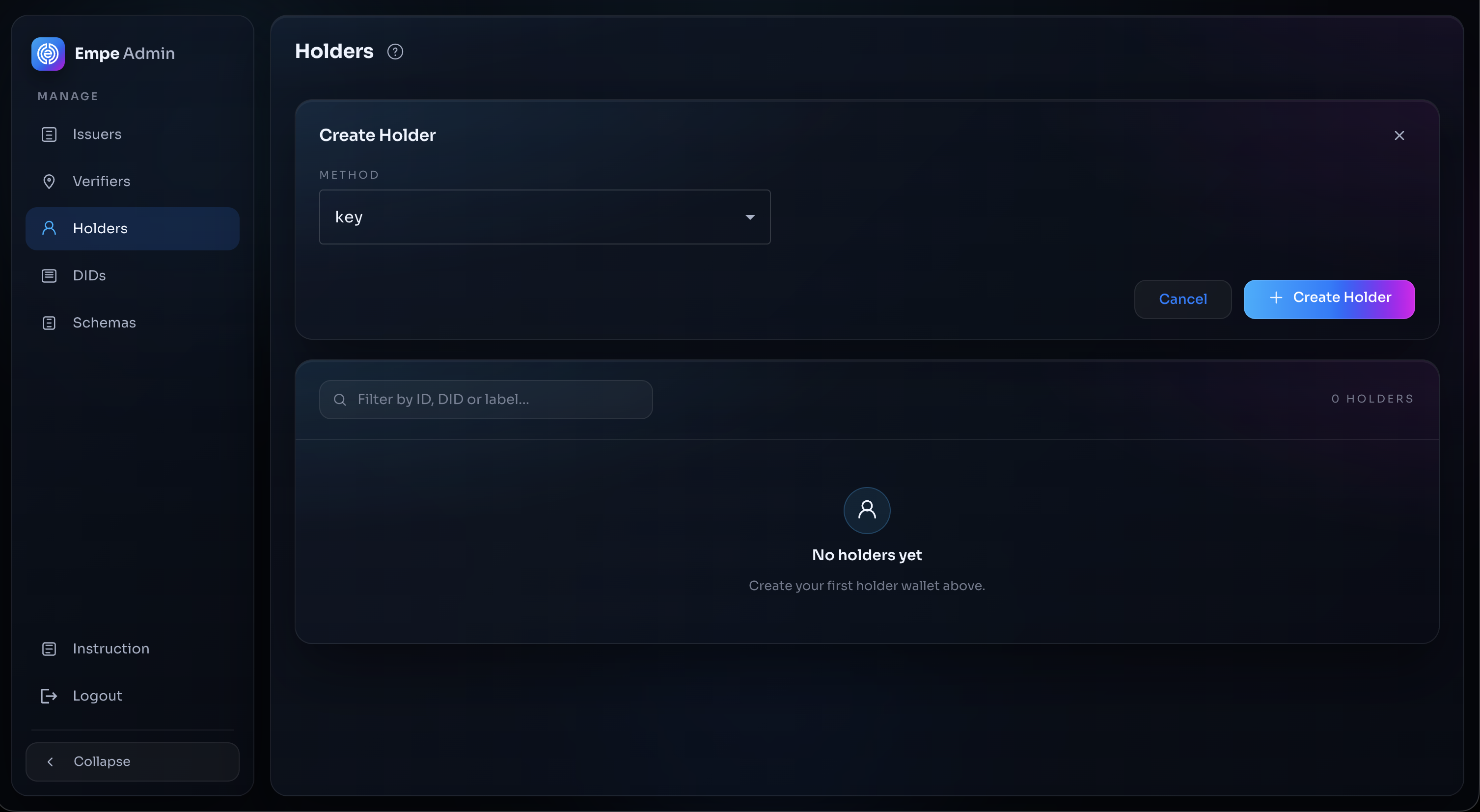 Create Holder form on the Holders screen