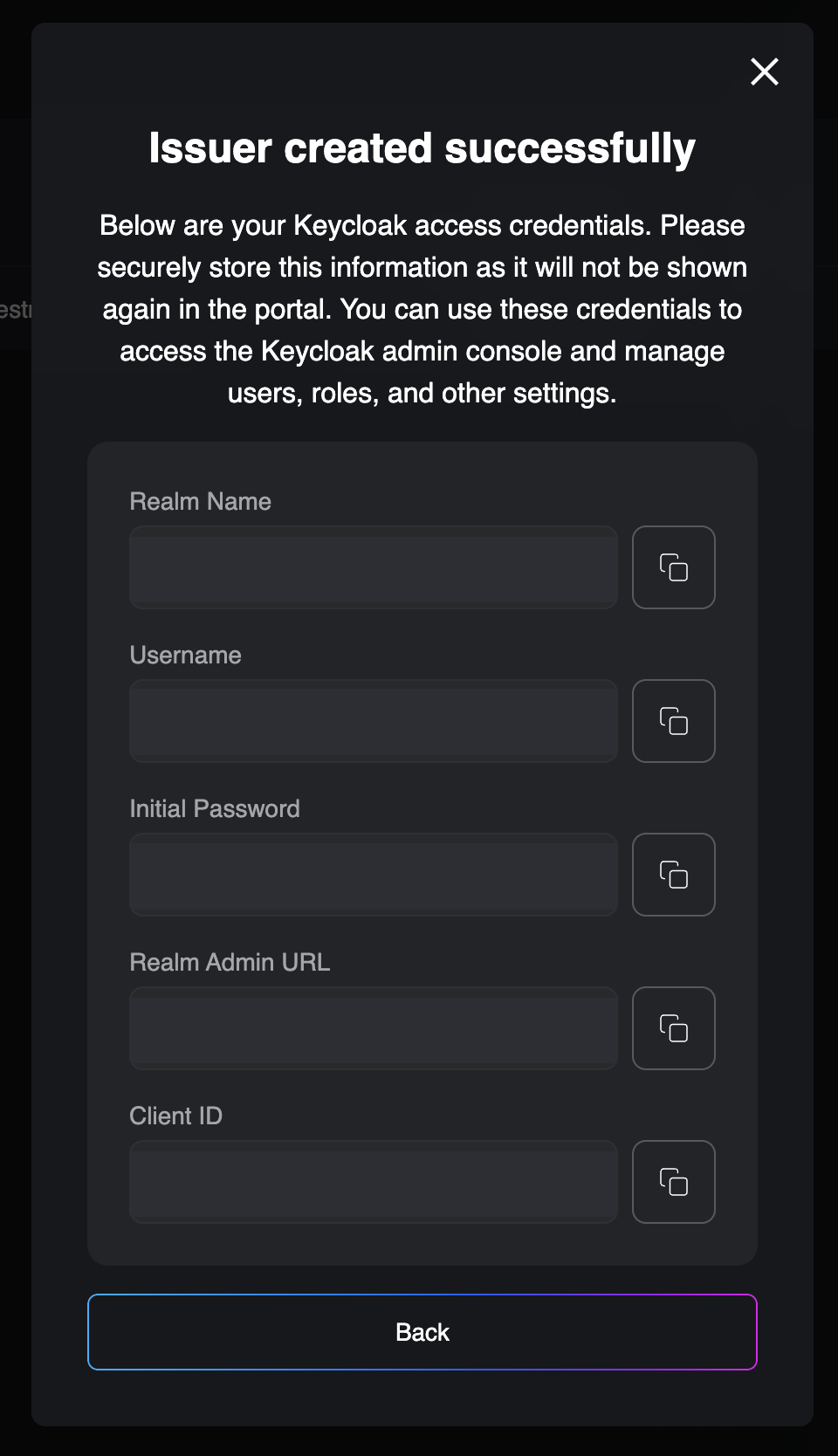 Keycloak access credentials shown after creation