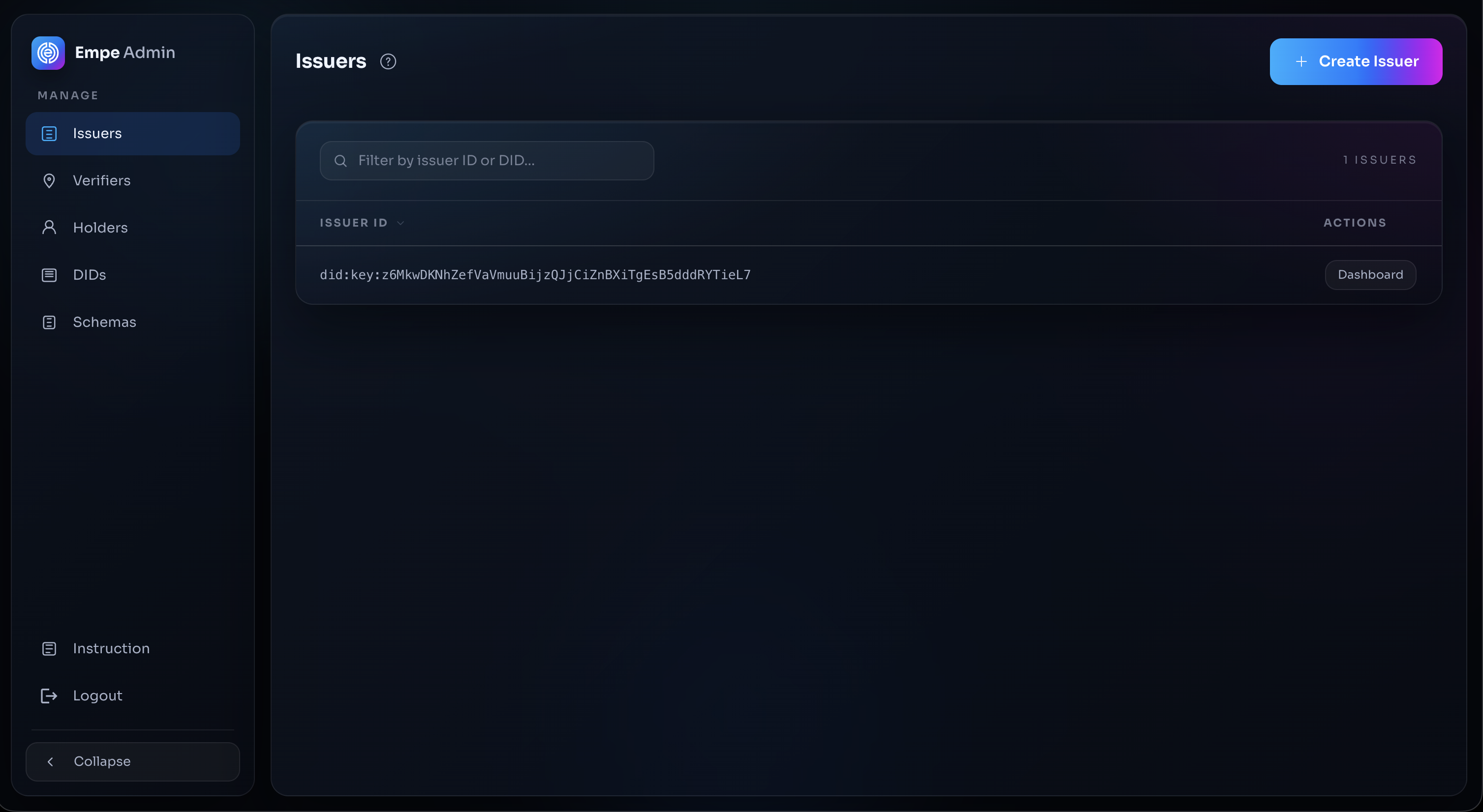 Issuers list in the operator console