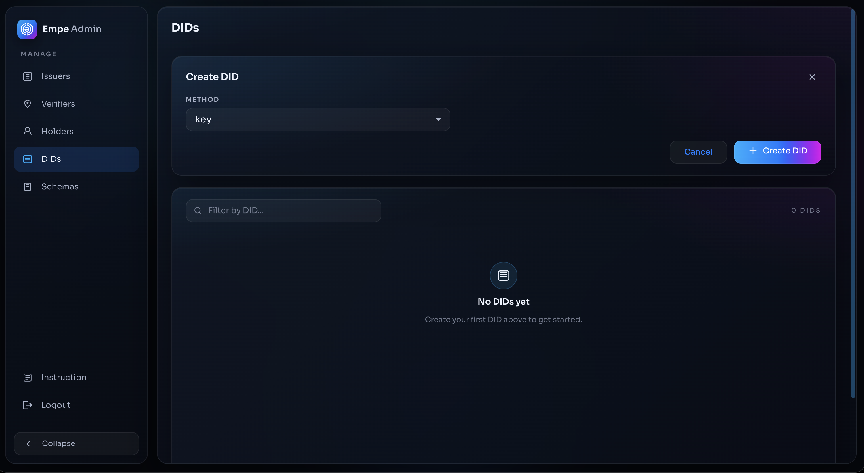 Create DID form on the DIDs screen