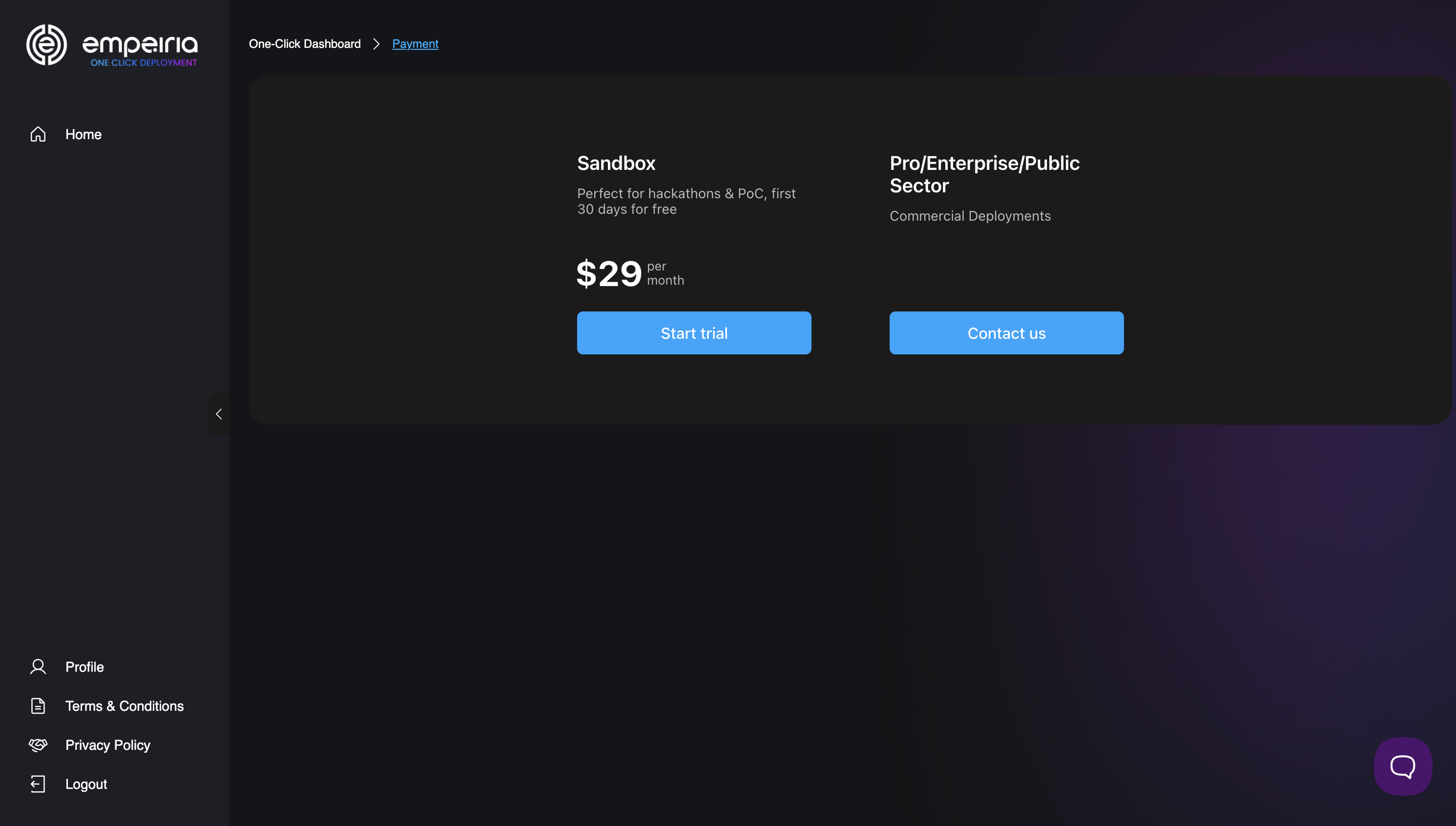 Plan selection with Sandbox and Start trial