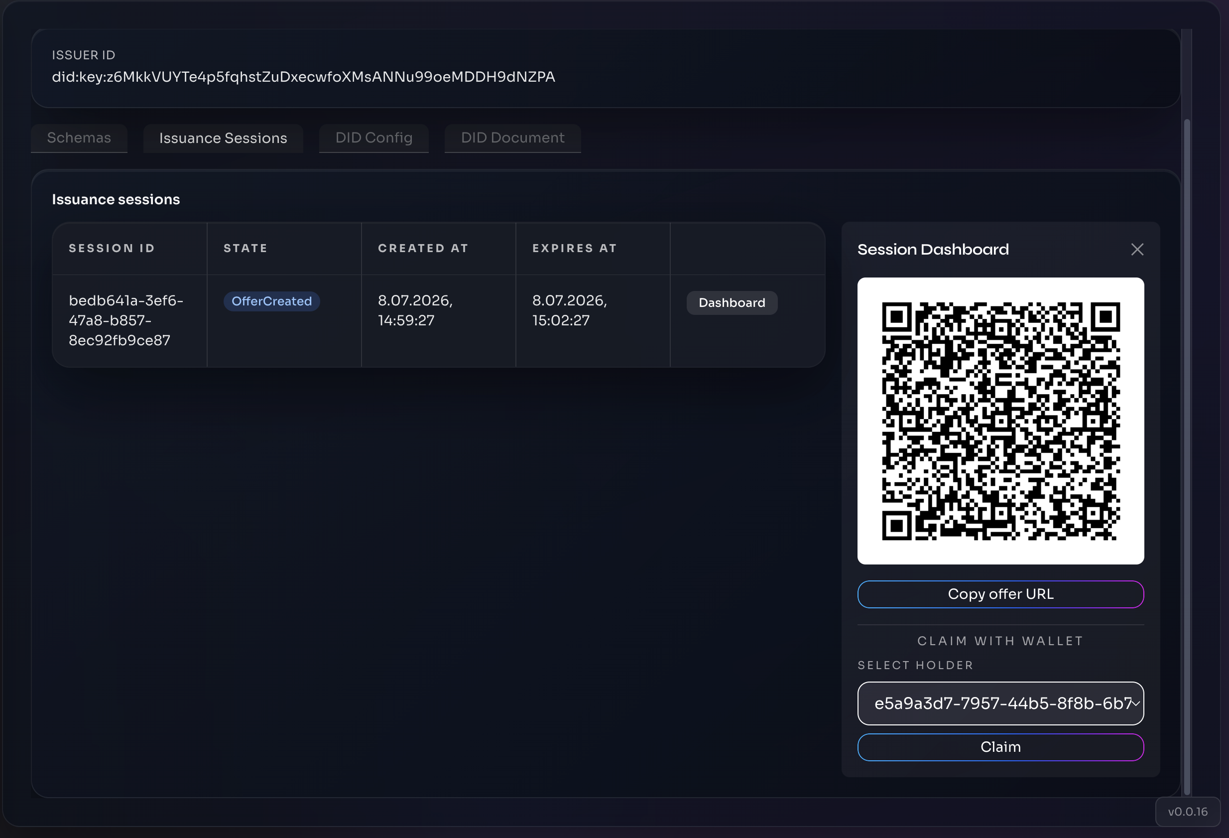 Issuance session QR code in the operator console